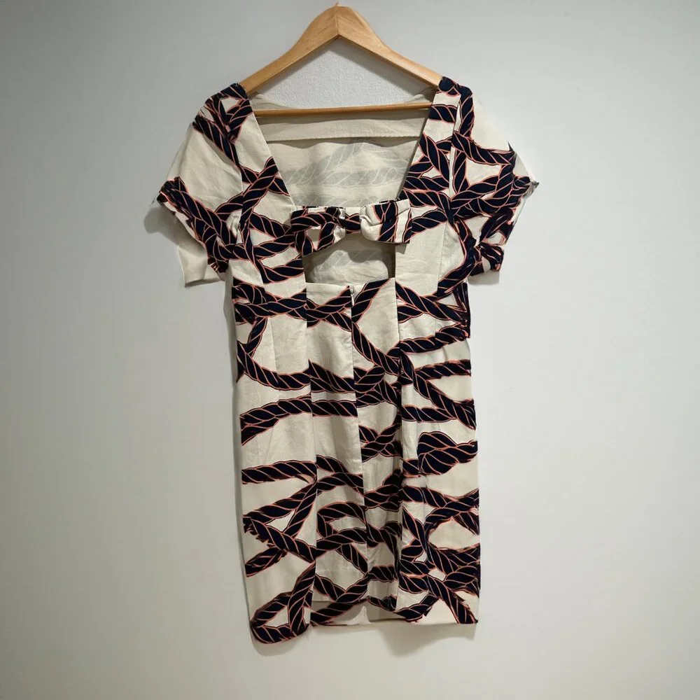 ANTHROPOLOGIE Maeve Nautical Rope Print Bow-Back Shift Mini Dress, Size 6 - Picture 3 of 7